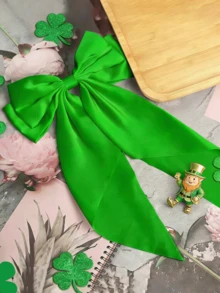 1 chiếc kẹp tóc nơ satin màu xanh lá cây cỡ lớn dành cho nữ/bé gái nhân dịp Ngày Thánh Patrick, có đuôi dài, phụ kiện trang phục lễ hội Ireland cỡ lớn, kẹp tóc hình cỏ ba lá may mắn, ghim cài tóc - màu xanh lá - Xem 3