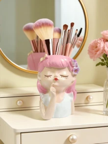 1个4.13英寸可爱北欧风女孩树脂化妆品收纳罐，高品质INS风化妆刷架，家居装饰，卧室花瓶，节日礼物，生日礼物，派对用品，送给女朋友的礼物 - 彩色 - 查看 3