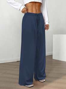 Multi-Color Drape Wide Leg Pants: Lightweight Woven Fabric + Elastic Drawstring Waist, Versatile For Commuting / Shopping / Casual Wear, Suitable For Dates, Students And Daily Outings. All-Match Versatile Style. - Navy Blue - View 6
