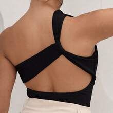 One-Shoulder Asymmetrical Bodysuit With Nude Back Cutouts, Elegant Casual Asymmetrical, Suitable For Holidays, Office, Dating, And Travel. - 黑色 - 查看 3