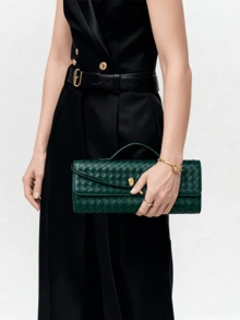 New Arrival Black Woven Leather Clutch Bag - Fashionable Long Purse With Convertible Handle & Crossbody Strap, Gold Accent Lock, Ideal For Spring/Summer, Versatile Shoulder/Crossbody Bag For Daily & Formal Use - 綠色 - 查看 8