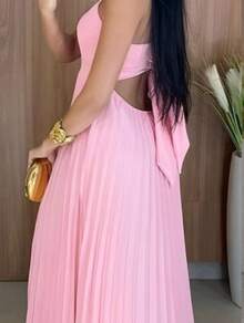 Long Pleated Dress With Tie Detail At The Back And Built-In Bra Cups. Elegant Party/Casual Style. Asymmetrical Fabric. Knot Detail. Open Back/Backless. Wedding Dress. - 粉色 - 查看 3
