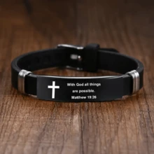 1pc Men's Adjustable Christian Bible Verse Bracelet, Stainless Steel & Silicone Strap With Cross And Scripture, Inspiring Religious Jewelry Gift For Husband, Father, Boyfriend, Son - Black - View 6