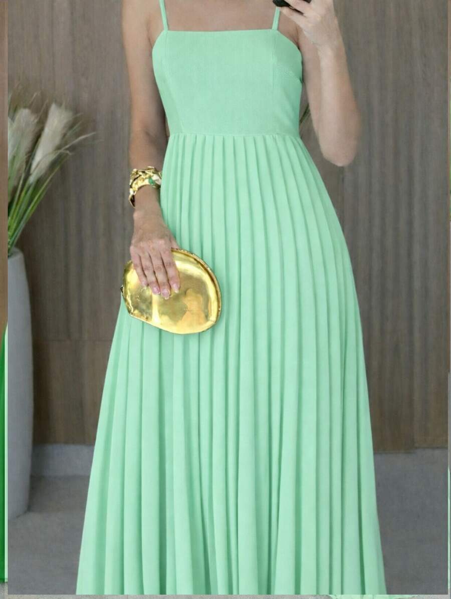 Long Pleated Dress With Tie Detail At The Back And Built-In Bra Cups. Elegant Party/Casual Style. Asymmetrical Fabric. Knot Detail. Open Back/Backless. Wedding Dress. - 薄荷綠 - 查看 1