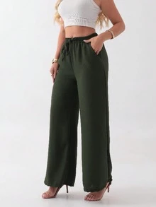 Women's Wide-Leg Pants In Duna Fabric With Elastic Waistband, Loose Fit, With Pockets, Summer, Spring, Casual, Simple, Vacation Style - 軍綠色 - 查看 8