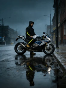 一套男女通用户外黑色反光条纹连帽雨衣套装，防水防风轻便透气，可拆卸帽子，带收纳袋，适合通勤、户外活动、骑行、露营、钓鱼等。 - 黑色 - 查看 6