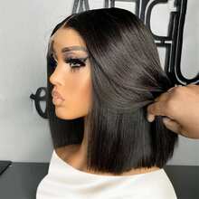 12 Inch Bob Glueless Wig 8-16inch Bone Straight Brazilian Virgin Hair Lace Frontal Wig Human Blende Hair | 13x6 4*4 5*5 13x4 HD Lace Frontal, Pre-Plucked And Pre-Cut, 200% Density, Ready To Wear, Natural Black High Temperature Resistant Fiber Synthetic Mixed Human Blended Hair Wig For Women - Natural & Black - View 2