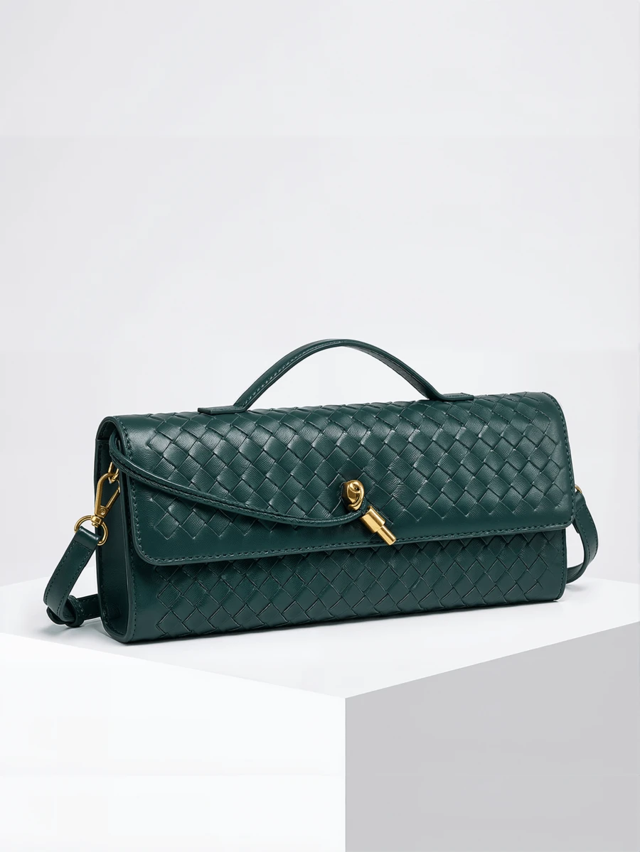 New Arrival Black Woven Leather Clutch Bag - Fashionable Long Purse With Convertible Handle & Crossbody Strap, Gold Accent Lock, Ideal For Spring/Summer, Versatile Shoulder/Crossbody Bag For Daily & Formal Use - 綠色 - 查看 1