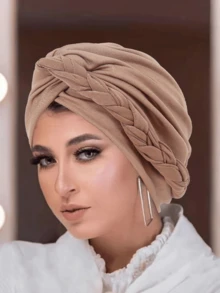 1顶新款多色编织侧边头带帽，纯色穆斯林头巾帽 - 彩色 - 查看 7