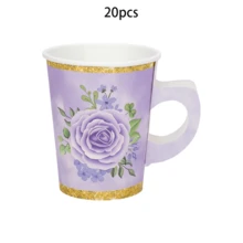 20个/40个紫色花卉茶会用品，带把手的花朵茶杯，扇形薰衣草花卉纸盘，一次性花朵杯碟套装，适用于下午茶、花园生日、新娘婚礼派对餐桌装饰 - 紫色 - 查看 9