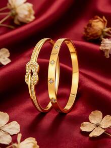 2 st - Lyxig kombination av ett koppararmband och ett armband i rostfritt stål, med en oändlig knutinfattning med kubiska zirkoniastenar och ett armband i rostfritt stål i flera stilar. Guldbasen ger en touch av briljans och gnistra, vilket gör det lämpligt för olika klädstilar. Den perfekta alla hjärtans dag-presenten. - Guld 3 - Visa 7