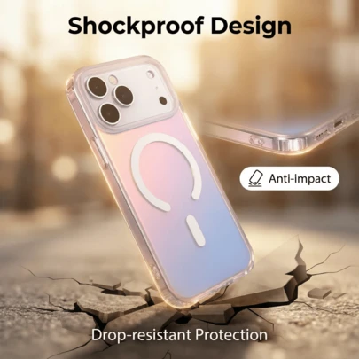 Laser Gradient Color  Magnetic Phone Case Compatible With Apple 17 Pro Max Case And 16 Pro Max. Comfortable Grip, Presenting Different Colors From Different Angles.Laser Gradient Phone Case