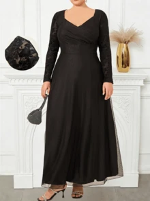 Plus Size Solid Color Breathable Mesh Elegant Dress For Women, Suitable For Formal Occasions And Dates, Long Sleeve Jacquard Lining Long Dress, A Gift For Wife On Valentine's Day - Black - View 1