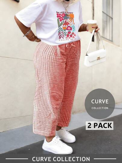 Plus Size Women's Printed Loose T-Shirt & Gingham Long Length Two Pieces Set | Must-Have For Valentine's Day, Daily & Vacation Outfits,2026 Spring Summer