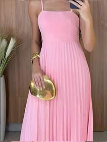 Long Pleated Dress With Tie Detail At The Back And Built-In Bra Cups. Elegant Party/Casual Style. Asymmetrical Fabric. Knot Detail. Open Back/Backless. Wedding Dress. - 粉色 - 查看 2