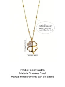 1件简约浪漫四叶花形不锈钢吊坠项链，饰以玻璃，适合女性日常佩戴、参加派对或度假。 - 金黃色 - 查看 2