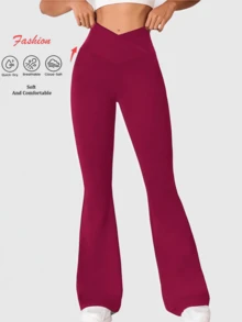 Women's Criss-Cross Waist Flare Pants, High Elasticity Polyester Solid Color Sports Yoga Pants, Criss-Cross Waist Casual Long Pants, Solid Color Skinny Workout Leggings Suitable For All Seasons, Knit Fabric Wide Leg Pants Suitable For Fitness And Leisure Wear - 酒紅色 - 查看 2