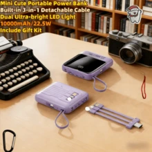 10000mAh Mini Cute Pocket Size 5V3A Fast Charging Portable Power Bank, Small Size Large Capacity High Appearance, Built-In 4-In1- Detachable Cables, High-Speed Rechargeable Battery, Gifts For Family, Friends, Kids,Birthday,Christmas, Winter, Portable USB Charging For All Smartphones Perfect For Outdoor EnthusiastsPower Bank With LED Light,For Apple, Android Phone - 紫色-22.5W - 查看 1