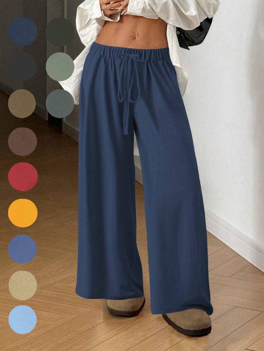 Multi-Color Drape Wide Leg Pants: Lightweight Woven Fabric + Elastic Drawstring Waist, Versatile For Commuting / Shopping / Casual Wear, Suitable For Dates, Students And Daily Outings. All-Match Versatile Style. - Navy Blue - View 1