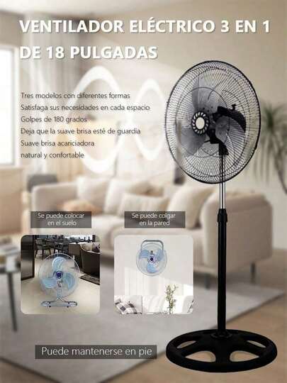 3 en 1 ventilador eléctrico - ventilador de piso silencioso 220V gran viento para uso doméstico comercial de doble uso, cabeza móvil, soporte/montaje en la pared