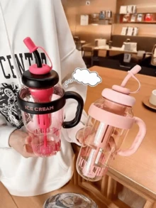 1pc High Capacity Water Bottle, Stylish Insulated Cup With Handle And Straw, Plastic Tumbler - Multicolor - View 2