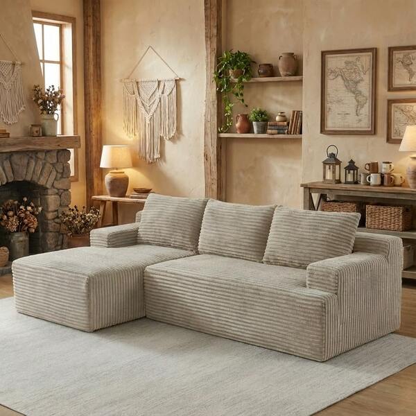 LUCKHAO 96" Cloud Sectional Couch With L-Shape Chaise,Modern Modular Sofa With Deep Seat, Upholstered Couches For Living Room Bedroom,No Assembly Required, Camel(Plush Corduroy Fabric)