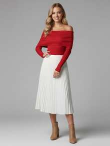Long-Sleeved -Style Blouse, Ribbed Knit Fabric, Off-The-Shoulder Style, Autumn/Winter Fashion. New Release. - Red - View 3