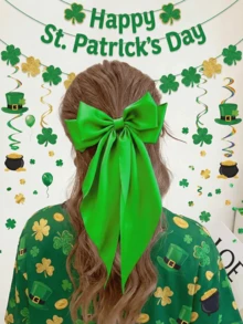 1 chiếc kẹp tóc nơ satin màu xanh lá cây cỡ lớn dành cho nữ/bé gái nhân dịp Ngày Thánh Patrick, có đuôi dài, phụ kiện trang phục lễ hội Ireland cỡ lớn, kẹp tóc hình cỏ ba lá may mắn, ghim cài tóc - màu xanh lá - Xem 4