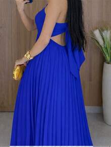 Long Pleated Dress With Tie Detail At The Back And Built-In Bra Cups. Elegant Party/Casual Style. Asymmetrical Fabric. Knot Detail. Open Back/Backless. Wedding Dress. - 藍色 - 查看 2