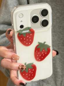 时尚可爱蝴蝶结草莓苹果亮面果冻白手机壳，兼容 17 Pro Max、17 Pro、17、16 Pro Max、16 Pro、16、15 Pro Max、15 Pro Max、15 Pro、15、14 Pro Max、14 Pro、14、13 Pro Max、13 Pro、13、12、11，简约可爱蝴蝶结防震软壳保护套 - 草莓 - 查看 4