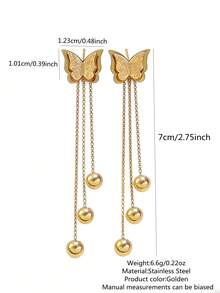 VceTd 1 Pair Romantic Style 3D Butterfly Design Tassel Decorated Stainless Steel Dangle Earrings, Suitable For Women To Wear To Banquet Or Engagement, Great Gift For Mom On Holidays - Yellow Gold - View 3