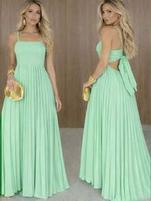 Long Pleated Dress With Tie Detail At The Back And Built-In Bra Cups. Elegant Party/Casual Style. Asymmetrical Fabric. Knot Detail. Open Back/Backless. Wedding Dress. - 薄荷綠 - 查看 2