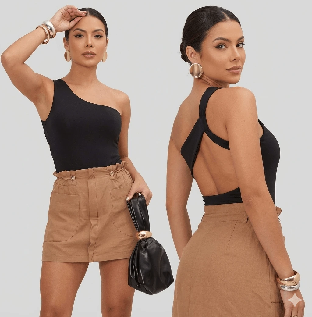 One-Shoulder Asymmetrical Bodysuit With Nude Back Cutouts, Elegant Casual Asymmetrical, Suitable For Holidays, Office, Dating, And Travel. - 黑色 - 查看 1