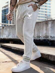 男士休闲日常通勤简约百搭牛头字母印花抽绳腰束脚裤 - 淺灰色 - 查看 1