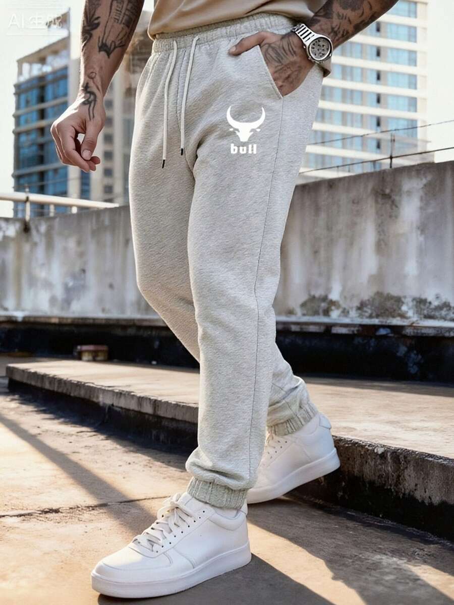 男士休闲日常通勤简约百搭牛头字母印花抽绳腰束脚裤 - 淺灰色 - 查看 1