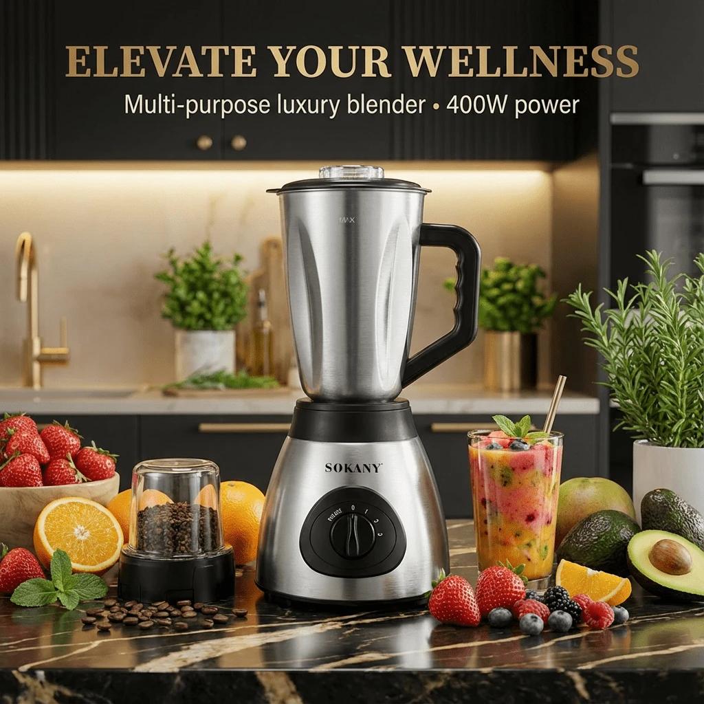 SOKANY 03012 1.5L Multifunctional Cooking Machine 2-In-1 Glass Countertop Juicer, 3 Adjustable Speed Controls, Suitable For Making Frozen Juice, Milkshake, Smoothie And Sauce, Silver