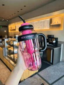 1pc High Capacity Water Bottle, Stylish Insulated Cup With Handle And Straw, Plastic Tumbler - Multicolor - View 3