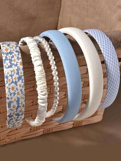 6 piezas Diademas plisadas de colores para mujeres, aros para el cabello coreanos suaves de espuma con perlas, aptos para uso diario, diadema, cintillo