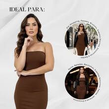 Basic Simple Strapless Ribbed Midi Dress - Rust Brown - View 5