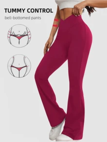 Women's Criss-Cross Waist Flare Pants, High Elasticity Polyester Solid Color Sports Yoga Pants, Criss-Cross Waist Casual Long Pants, Solid Color Skinny Workout Leggings Suitable For All Seasons, Knit Fabric Wide Leg Pants Suitable For Fitness And Leisure Wear - 酒紅色 - 查看 4