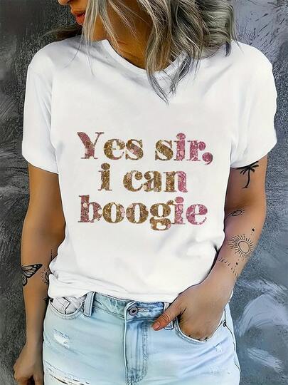 100% Cotton Women's "Yes Sir, I Can Boogie" Retro Disco Floral Graphic Short Sleeve T-Shirt For Party & Disco Lovers - Ideal For Summer & Layering In Spring/Fall