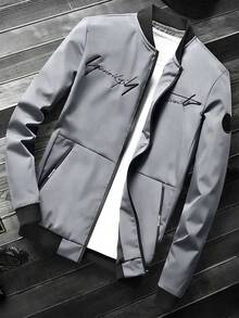 男士户外运动夹克，刺绣字母飞行员夹克，时尚百搭飞行员夹克 - 灰色 - 查看 7