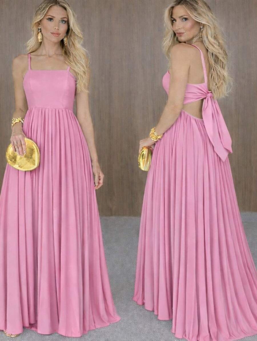 Long Pleated Dress With Tie Detail At The Back And Built-In Bra Cups. Elegant Party/Casual Style. Asymmetrical Fabric. Knot Detail. Open Back/Backless. Wedding Dress. - 粉色 - 查看 1