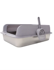 MATCHI | Stainless Steel Sanitary Litter Box With High Rim | Anti-Splash Design - Light Grey - View 4