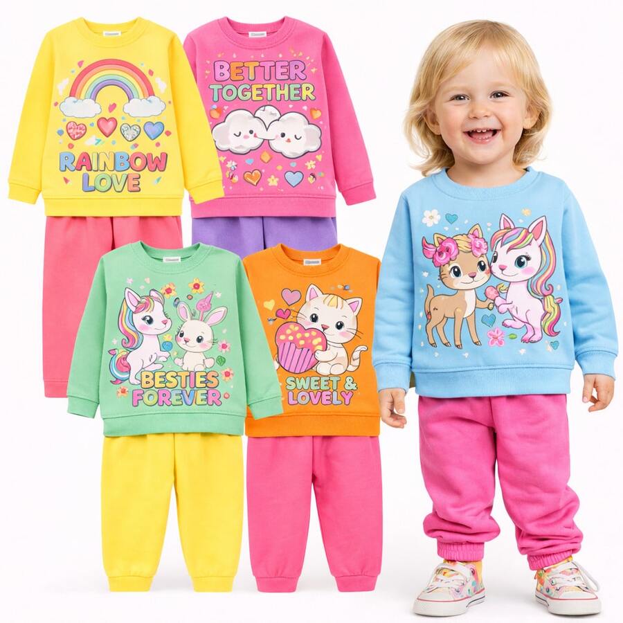Kit 6 Peças Roupa Infantil de Inverno Moletom Flanelado Menina Kit 3 Casacos e 3 Calças Conjunto de Moletom Peluciado Quentinho - Multicolorido - Visão 1