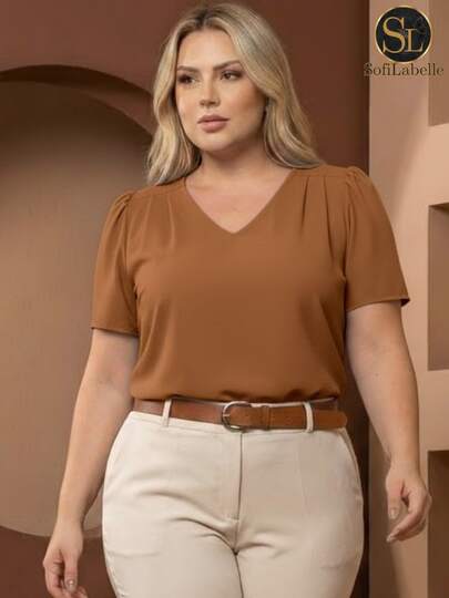 Blusa Plus Size Feminina Manga Curta Elegante – Tecido Duna Liso Social GG G1 G2 G3 Verão Trabalho