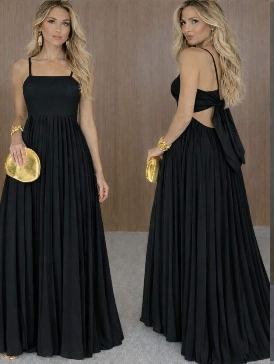 Long Pleated Dress With Tie Detail At The Back And Built-In Bra Cups. Elegant Party/Casual Style. Asymmetrical Fabric. Knot Detail. Open Back/Backless. Wedding Dress. - 黑色 - 查看 1