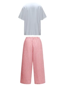Conjunto de 2 piezas de mujer talla grande para primavera/verano 2026 con camiseta suelta estampada + falda a cuadros larga, esencial para el Día de San Valentín, uso diario y vacaciones, elegante rojo - Rojo - Ver 4