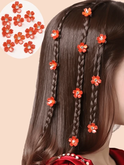 10pcs Girls Red Crystal Flower Hair Clips, Suitable For Daily Life, Party, Flower Girl Or Vacation