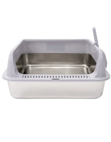 MATCHI | Stainless Steel Sanitary Litter Box With High Rim | Anti-Splash Design - Light Grey - View 3